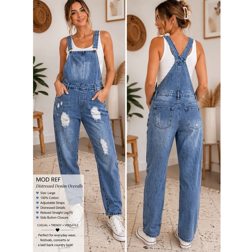MOD Ref Distressed Denim Overalls Womens Large Blue Cotton Adjustable Straps